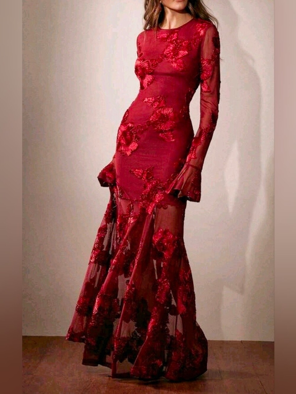 New Luxe Embroidered Sheer Floral Mesh Bodycon Mermaid Dress Red - Picture 8 of 15